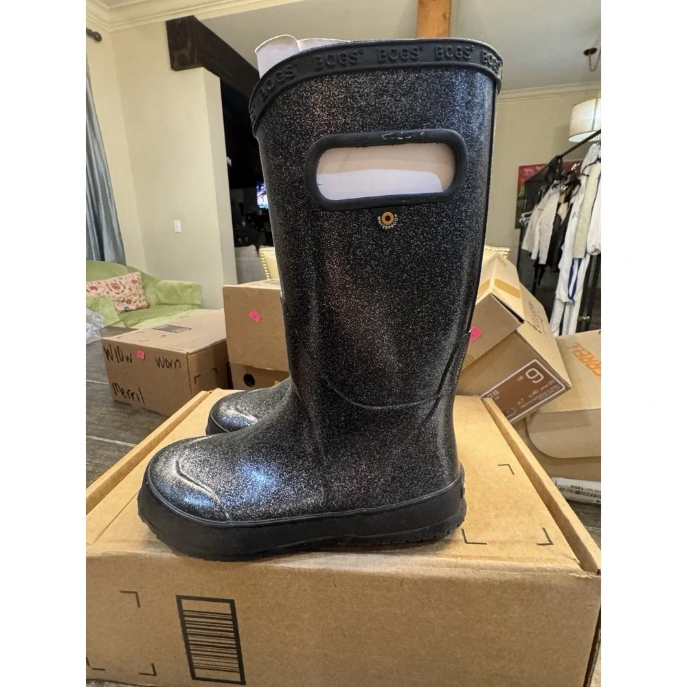 Bogs Rainboot Glitter‎ Boots Black Youth Size 1 Sparkle